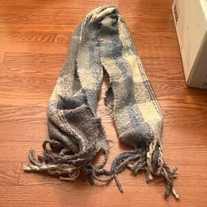 Plaid Fringe Scarf in Blue and Cream